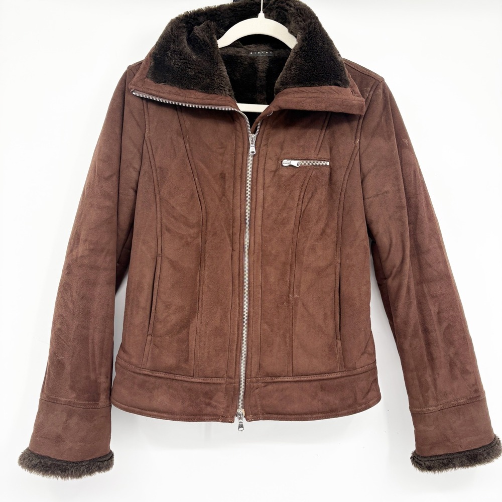 Sisley Womens Brown Faux Suede Fur Lined Aviator Cabin Rustic Jacket Size 42